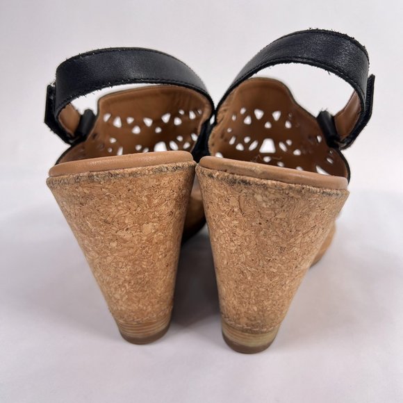 Clarks Black Tooled Leather Slingback Open Toe Cork Wedge Slide Sandals Size 11 - Picture 5 of 9